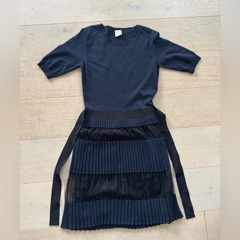 RED Valentino Pleated blue and Black Pleated Knee Length Wool Cashmere Dress